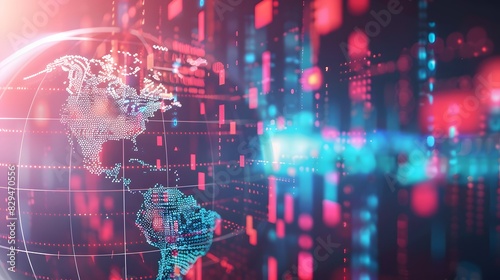 Global network hub with an America-centric digital world globe, illustrating international data exchange and advanced cyber technology
