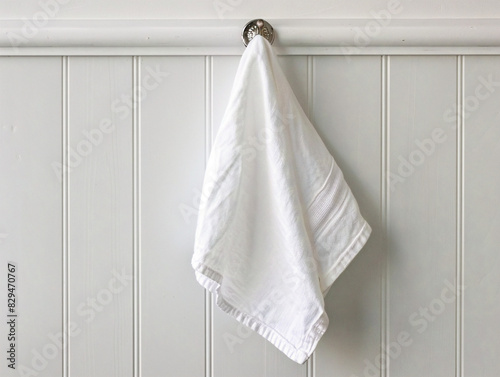 Simple white towel hanging on hook, ready for use in a clean kitchen or bathroom.