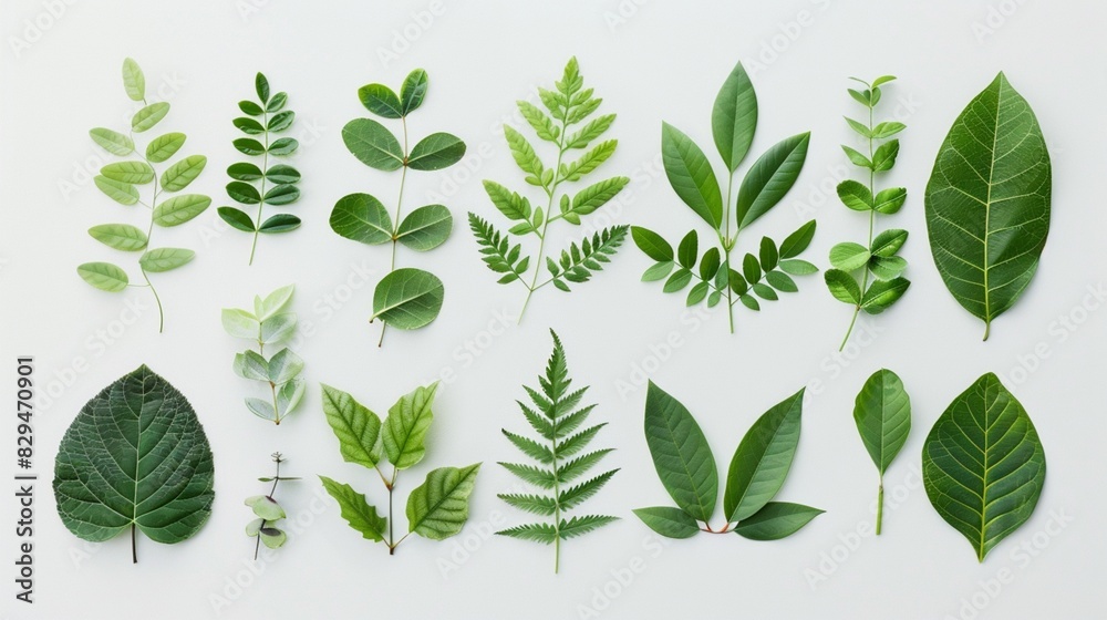 Various green leaves of different shapes and sizes are creatively arranged on a clean white background. This flat lay composition showcases the diversity of foliage in nature