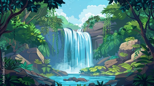 Jungle waterfall cascade in tropical rainforest with rock and turquoise blue pond. Tropical rainforest waterfall in the jungle landscape. Palm trees pond misty morning flowers and tropics.