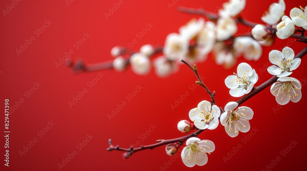  A red backdrop bears a tree branch adorned with white blooms and a gentle reflection of the same, showcasing white-flowered branches