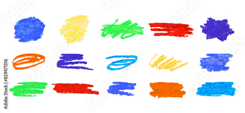 Set of colored texture stain hand drawn with oil pastels. Vector abstract graphic elements isolated on white background