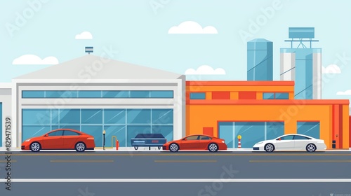 automotive plant flat design side view car manufacturing animation Splitcomplementary color scheme
