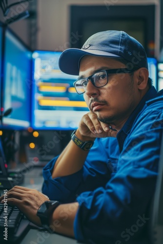 Professional Photography of a worker with a frustrated expression staring at a computer screen, Generative AI