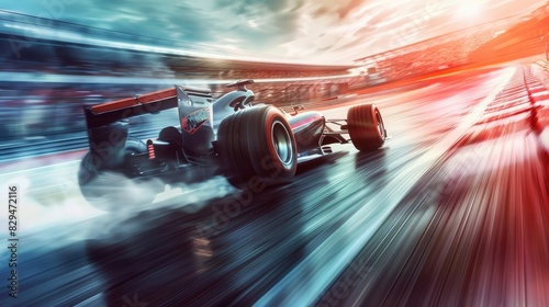 Racing car moving at high speed along racetrack with high speed and smoke. Racing car, propelled by the immense power of engine, hurtles down racetrack with incredible slicing through the air photo