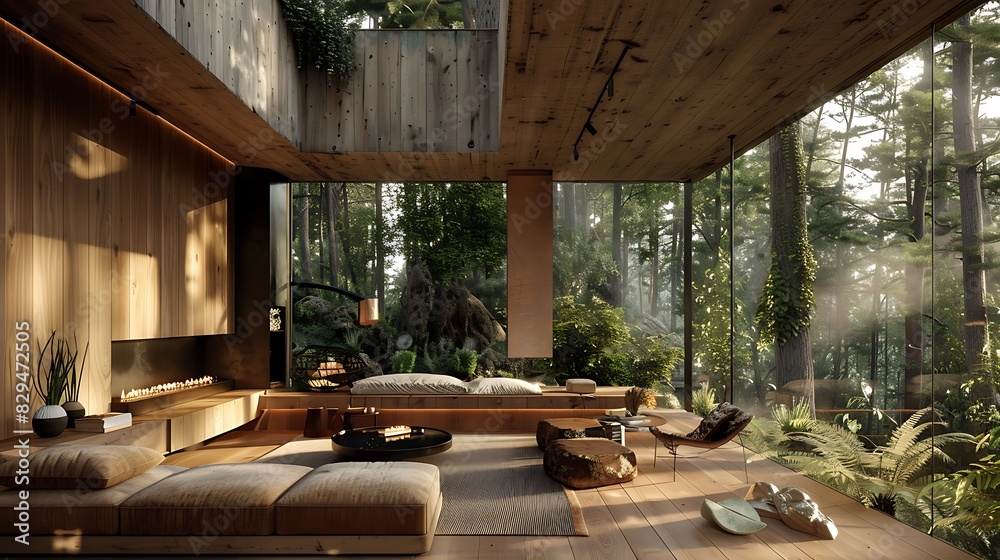 Fototapeta premium Immersed in Nature's Symphony: A High-Design Forest Oasis Where Tranquility Meets Modern Aesthetics, Capturing the Essence of Serenity and Elegance in Every Branch and Leaf.