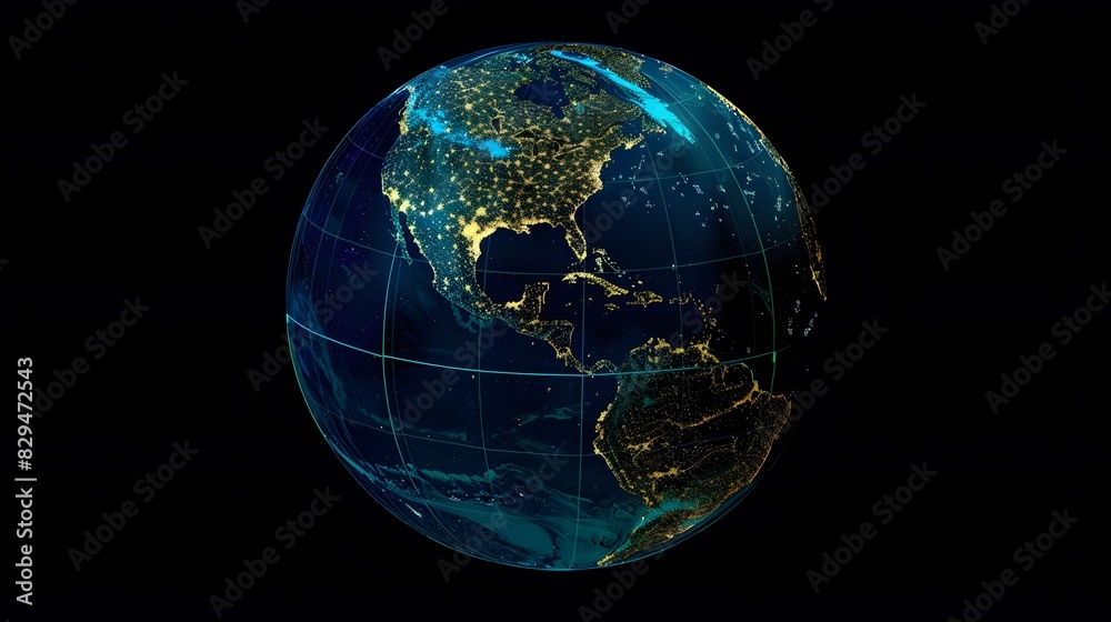 Digital representation of a world globe centered on America, emphasizing global network hubs and international information exchange Digital representation of a world globe centered on America, emphasizing global network hubs and international information exchange