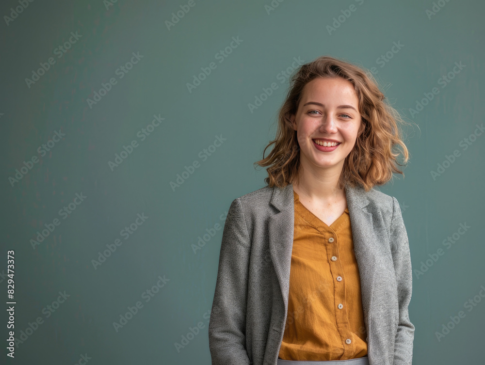 Closeup photo portrait of a young european woman smiling. Isolated on green pastel background Closeup photo portrait of a young european woman smiling. Isolated on green pastel background