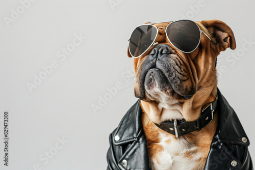 A dog wearing sunglasses and a leather jacket photo