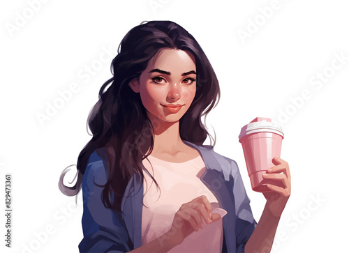 Beautiful girl bring a coffee or tea in hand with pink shirt and blue jeans vector illustration