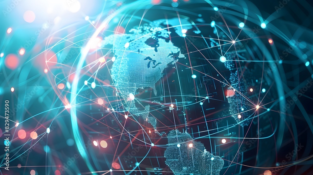 Obraz premium Visual representation of global connectivity with an America-centric digital world globe, highlighting international data transfer and cyber technology