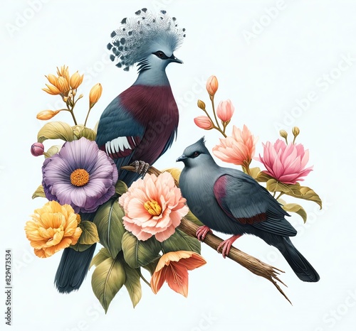 Illustration of two Victoria crowned pigeons with flowers photo
