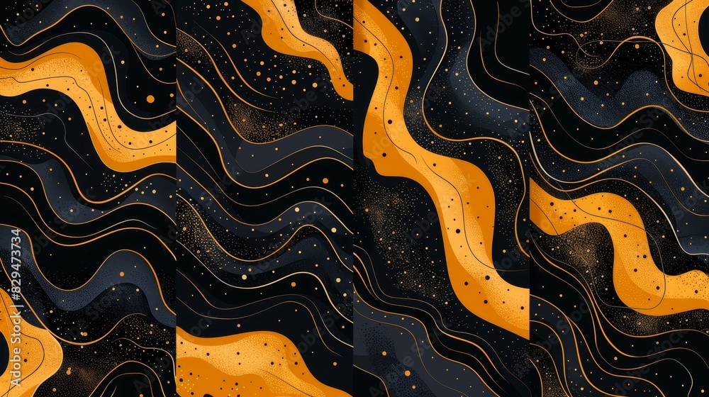 A black and gold abstract backdrop featuring wavy lines and golden dots dispersed in their midst, overlaid on a plain gold background with concentric black dot patterns along the undulating A black and gold abstract backdrop featuring wavy lines and golden dots dispersed in their midst, overlaid on a plain gold background with concentric black dot patterns along the undulating