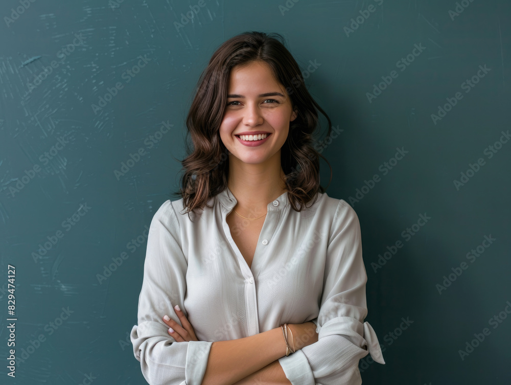 Closeup photo portrait of a young european woman smiling. Isolated on green pastel background Closeup photo portrait of a young european woman smiling. Isolated on green pastel background