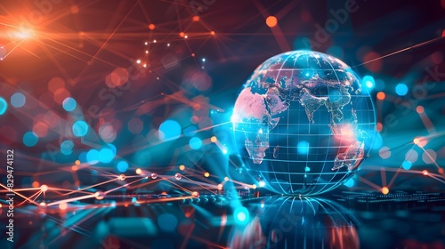 Futuristic global network hub with an America-centric digital world globe, representing rapid data transfer and advanced cyber technology