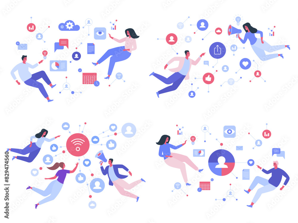 Digital marketing, SMM, website content promotion on internet and social media. Social media marketing concept with characters. Flat vector illustration set