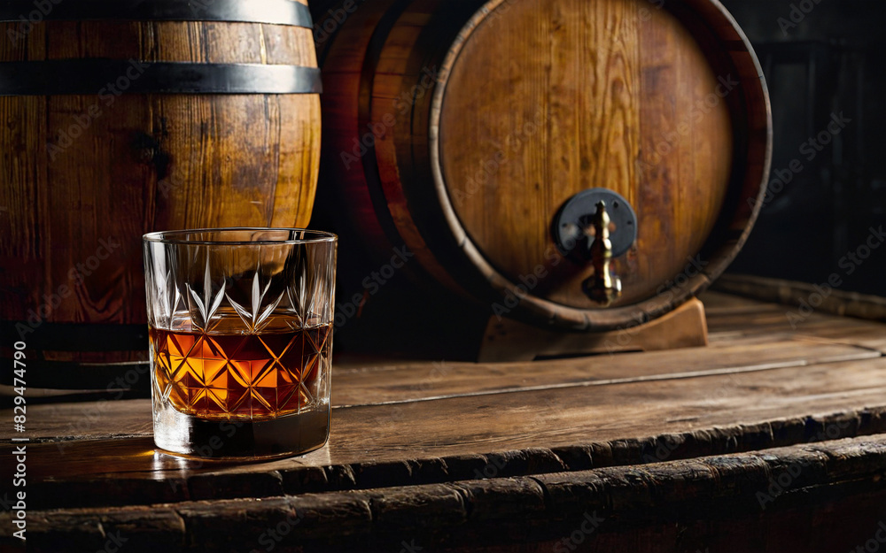 Φωτογραφία glass of whiskey on a background of wooden barrels with space for text