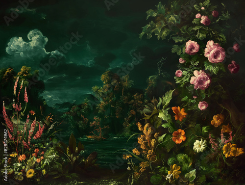 Surreal art fantasy scene secret mysterious garden of flowers and plants, peonies, tulips, roses, orchids, fruits, mushrooms. Baroque, renaissance style, rich colors, dramatic lighting, oil painting