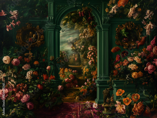 Surreal art fantasy scene secret mysterious garden of flowers and plants, peonies, tulips, roses, orchids, fruits, mushrooms. Baroque, renaissance style, rich colors, dramatic lighting, oil painting