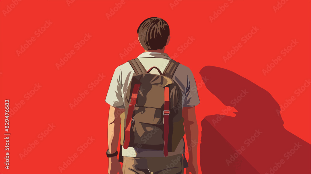Young man with stylish backpack on red background background