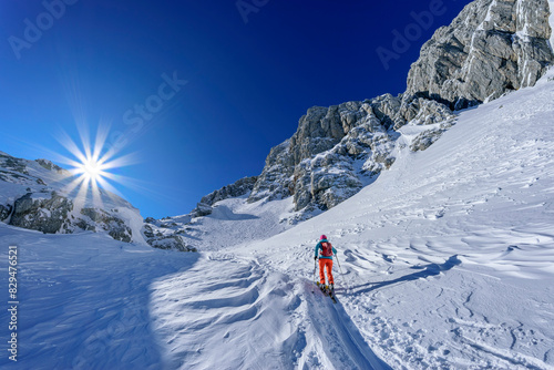 Woman backcountry skiing at Pyhrner Kampl, Totes Gebirge, Upper Austria, Austria photo