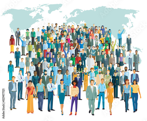 Eine große Gruppe von Menschen vor einer Weltkarte  isoliert auf weißem Hintergrund, Illustration