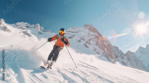 Man freeride skier running downhill on sunny Alps slope