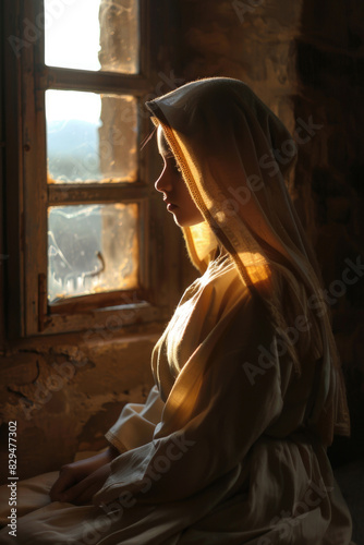 A young nun sitting by a window  lost in thought  with sunlight streaming in