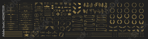 Set of gold design elements. Wreath, frames, calligraphic, swirls divider, laurel leaves, ornate, award, arrows. Vintage line decoration frames collection