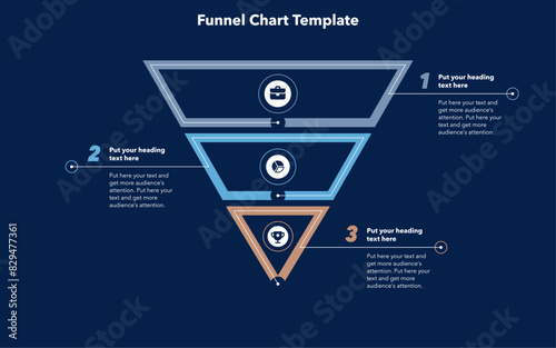 Funnel chart template with 3 sections - dark version. Creative diagram divided into three parts with minimalistic icons.