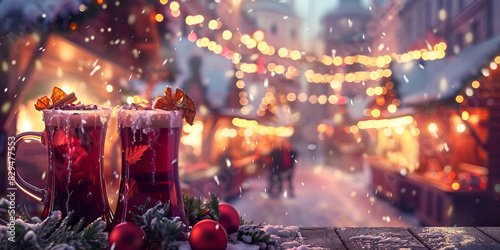 mulled wine placed on a wooden table with a Christmas market in the background photo