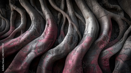  A tight shot of numerous trees with painted trunk ends in pink and grey Tree trunk displaying pink and grey hues photo