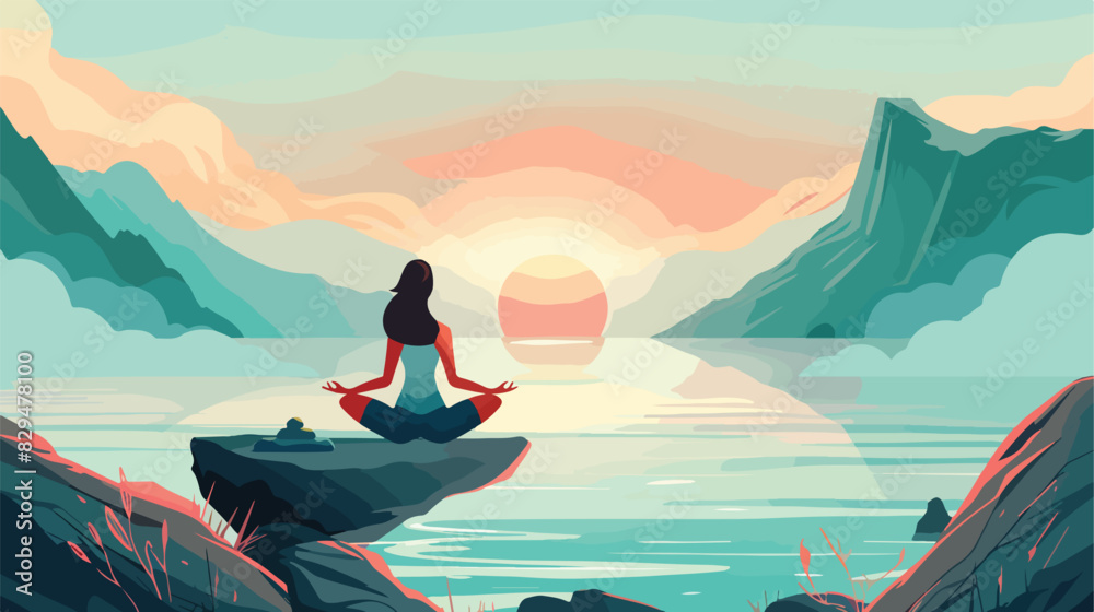 Young woman meditating on cliff near sea. Word 