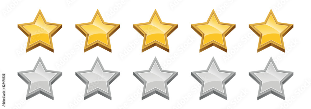 Five stars rating set. Stars quality rating icon. Star rating realistic gold star set vector Five stars rating set. Stars quality rating icon. Star rating realistic gold star set vector