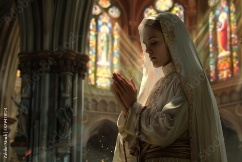 A young, beautiful nun praying in a serene chapel