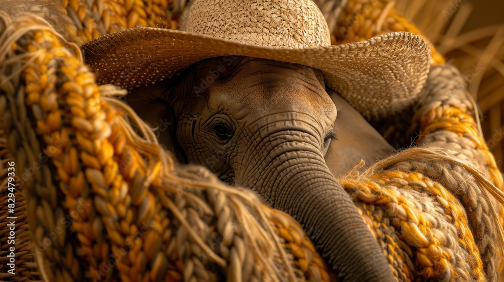 A close-up of an elephant donning a hat adorned with braids, with a straw hat concealing its face A close-up of an elephant donning a hat adorned with braids, with a straw hat concealing its face