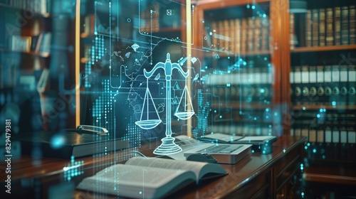 Smart law, legal advice icons and lawyer working tools in the lawyers office showing concept of digital law and online technology of savvy law and regulations photo