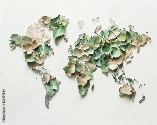 Carte du monde en feuilles séchées sur fond blanc