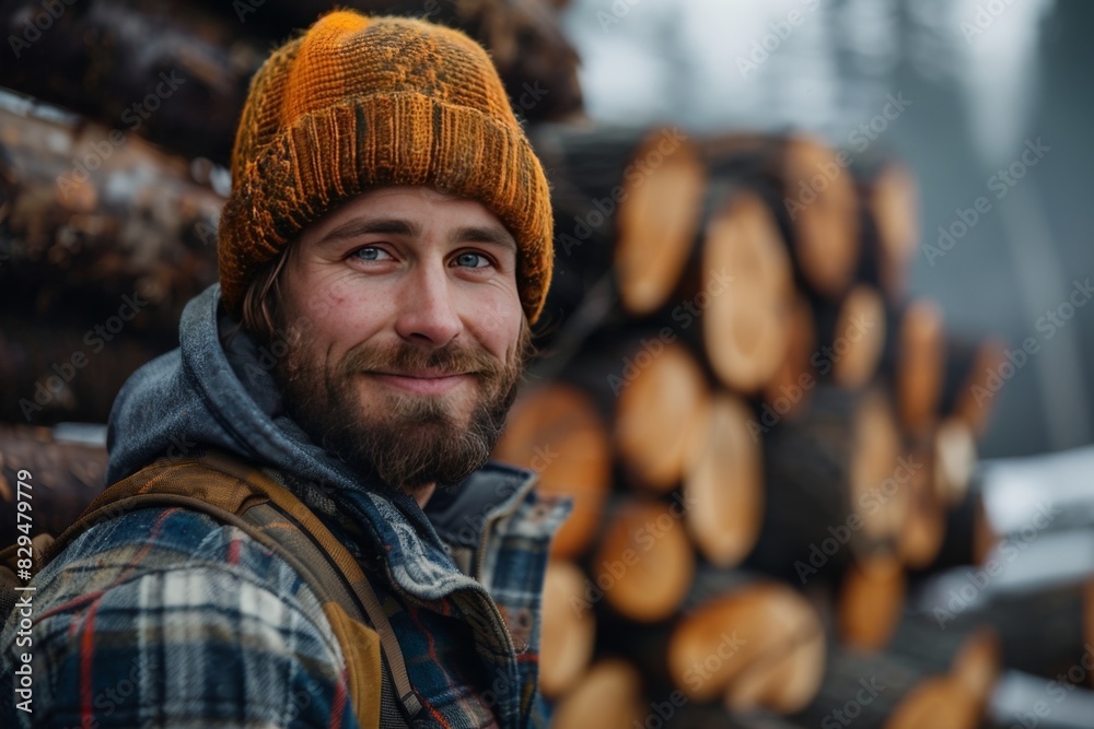 Smiling man on a background of firewood Smiling man on a background of firewood