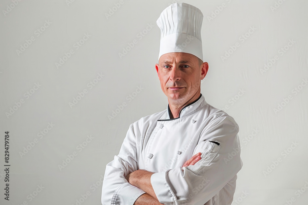 A chef in uniform, arms crossed, looking confidently at the camera