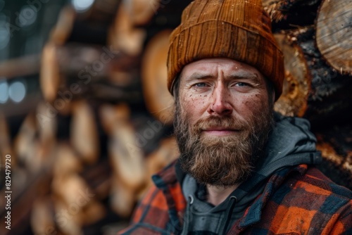 Wallpaper Mural Male worker on firewood background, lumberjack Torontodigital.ca