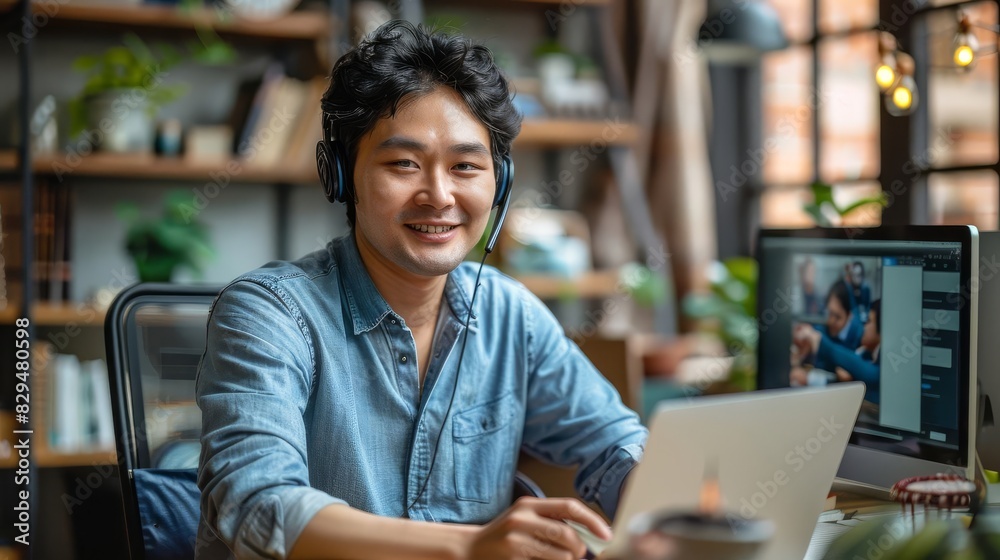 Photo of Asian businessman talking to colleague team in video call conference writing note on book with smile face Photo of Asian businessman talking to colleague team in video call conference writing note on book with smile face