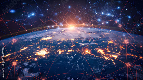 global network of interconnected business hubs with lines and data flowing between them 