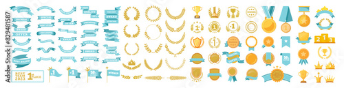 Ranking trophy set. Award frame set, ranking, ribbon, crown, trophy, medal, decoration, laurel