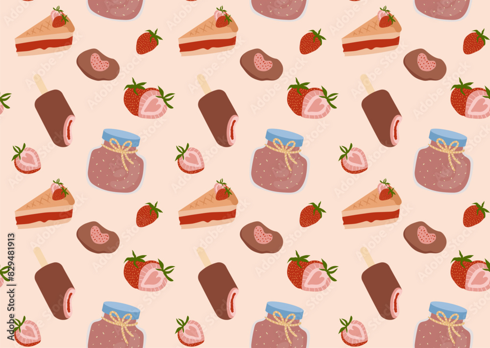 Seamless pattern with various strawberry themed foods, including jam jars, chocolate popsicles, cake slices, and fresh strawberries. Perfect for textile and wallpaper designs Seamless pattern with various strawberry themed foods, including jam jars, chocolate popsicles, cake slices, and fresh strawberries. Perfect for textile and wallpaper designs