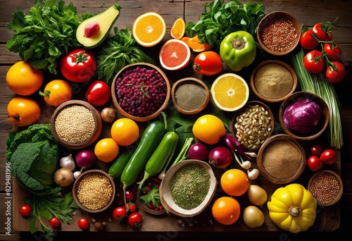 fresh food ingredients arranged cooking preparation, raw, organic, vegetables, fruits, herbs, spices, colorful, vibrant, natural, layout, setup, essentials