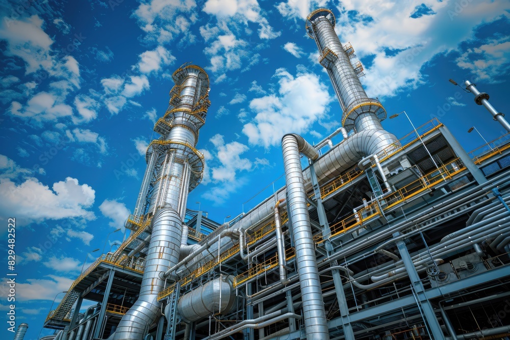 Fototapeta premium Oil Refinery. Industrial Plant Illuminated Amidst Pollution and Energy Production