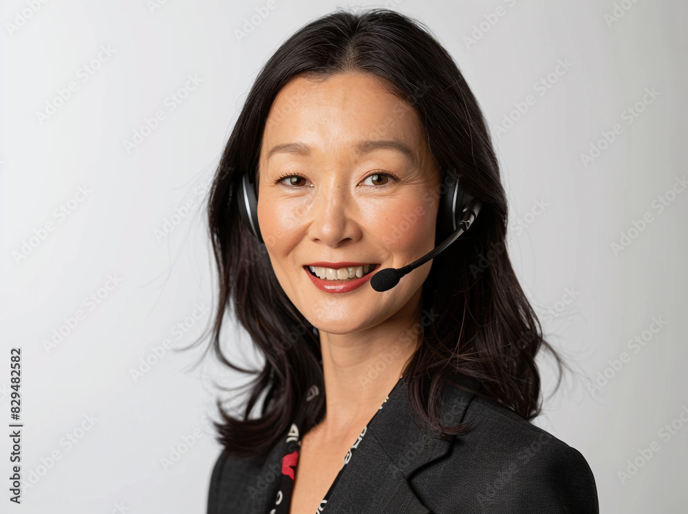 Japanese woman wearing a headset and smiling, with a white background, in a studio shot portrait photography of her upper body in the front view, in professional attire Japanese woman wearing a headset and smiling, with a white background, in a studio shot portrait photography of her upper body in the front view, in professional attire