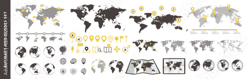Big set of maps and globes. Pins collection. Different effects. Set of transparent globes of Earth.