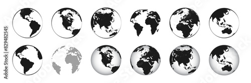 Set of transparent globes of Earth. Realistic world map in globe shape with transparent texture and shadow. World map in globe shape.